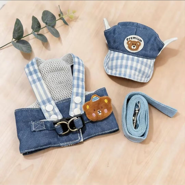 Denim Pet Harness Outfit with Matching Sun Hat