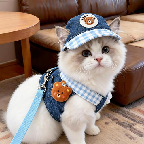 Denim Pet Harness Outfit with Matching Sun Hat